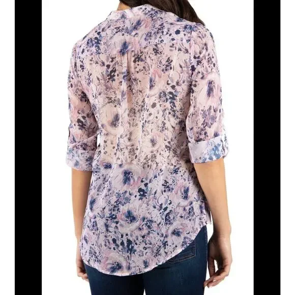 Kut from the Kloth Jasmine Pink Blue Floral Semi-Sheer Button Roll-Tab Blouse XS - Picture 9 of 10
